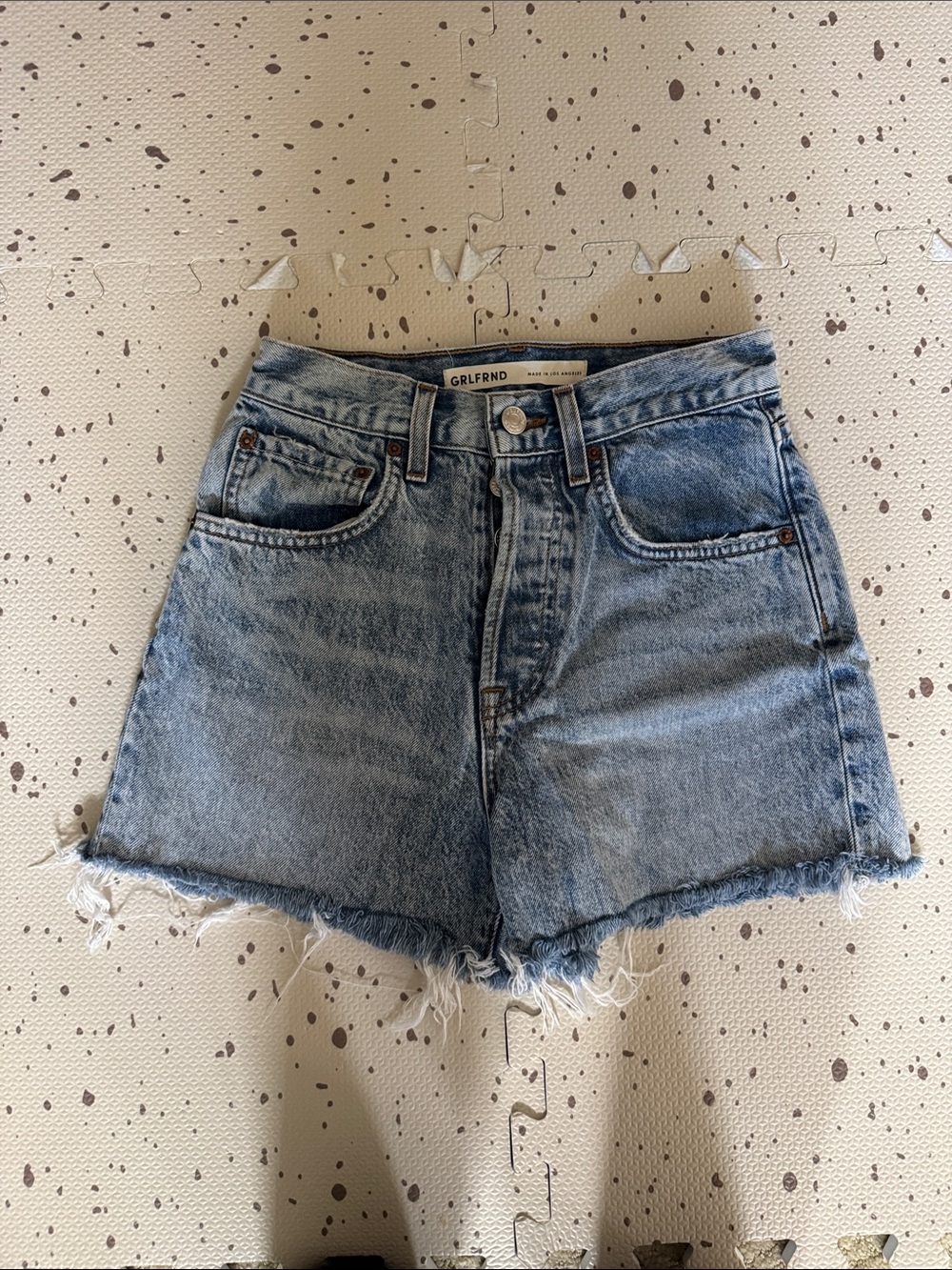 GRLFRND Washed Blue High-Rise Cutoff Denim Shorts